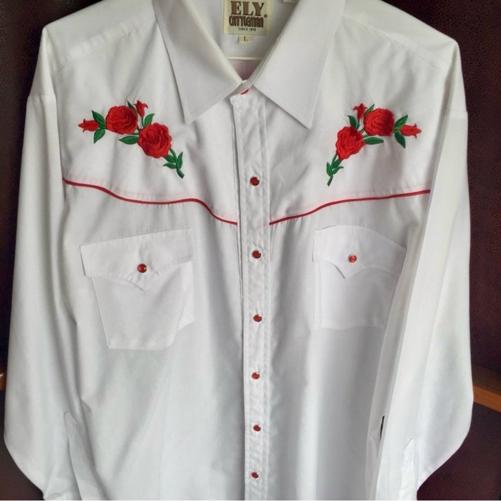 Ely Cattleman White Shirt with Red Rose Embroidery. Cowboy.